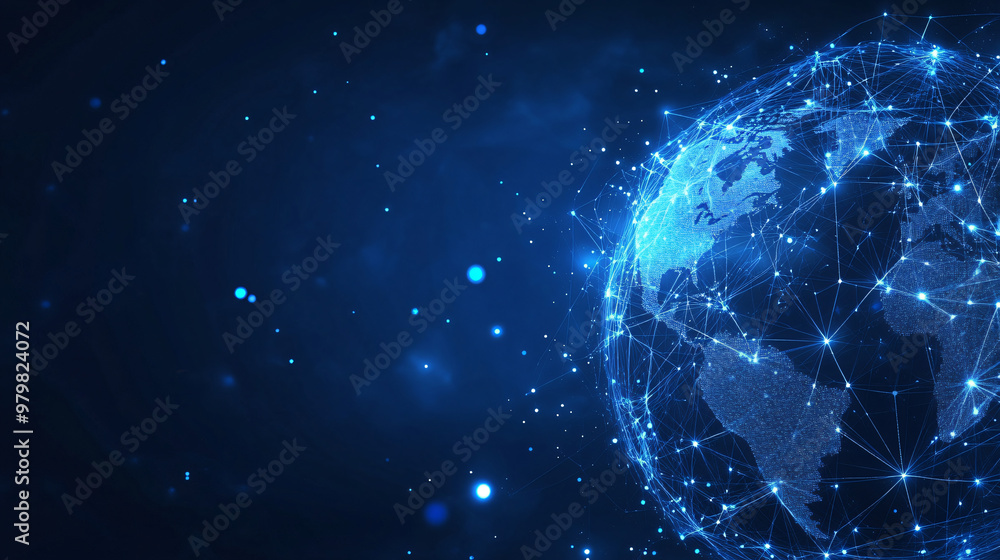 Poster Global networking and technology: the earth spinning in space with network connections and data