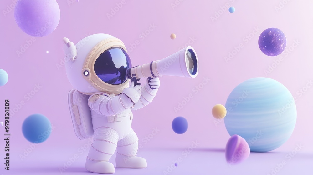 Poster A cute astronaut holding a telescope amidst colorful planets in a whimsical space scene.