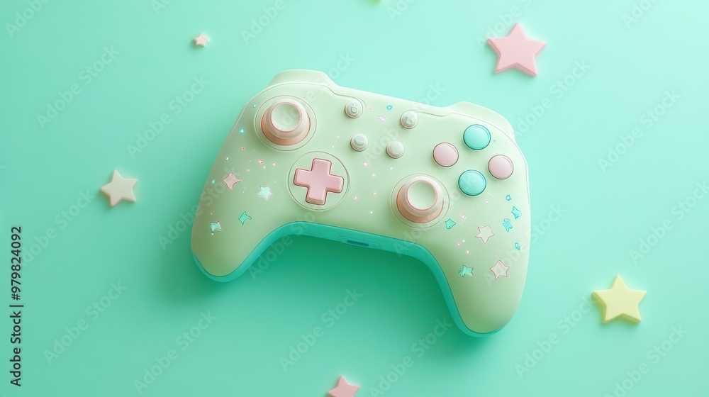 Canvas Prints A pastel-colored game controller surrounded by small stars on a mint green background.