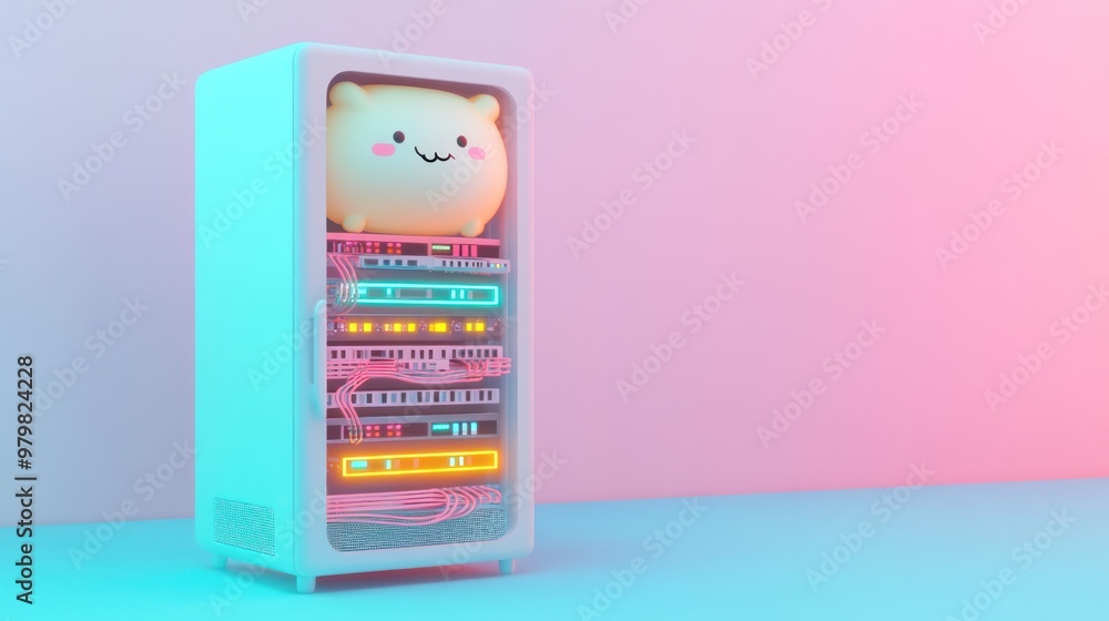Poster a cute computer case featuring a plush cat and colorful lights, blending tech with charm.