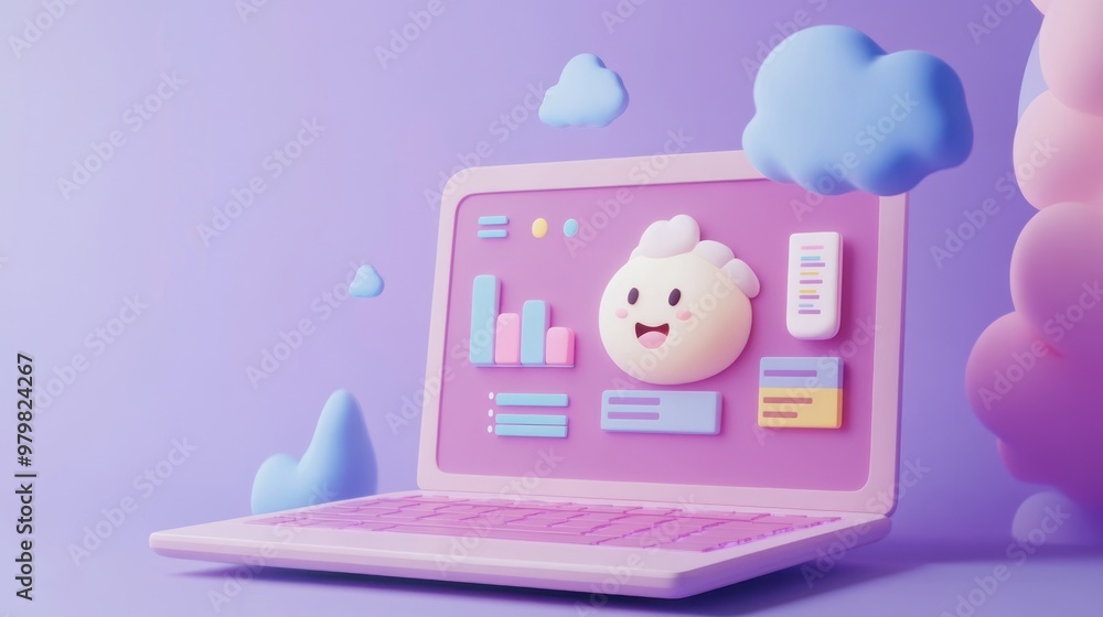 Poster a playful 3d laptop displaying colorful graphs and clouds, suggesting data visualization.