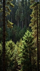 Pine forest seen from a moving car.