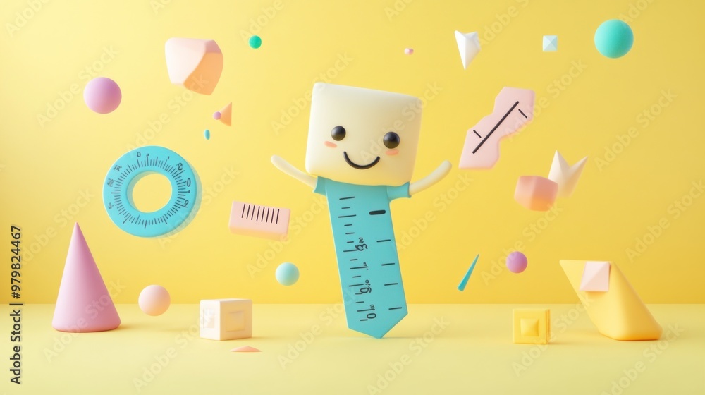 Poster a cheerful character with a ruler body surrounded by colorful geometric shapes on a yellow backgroun