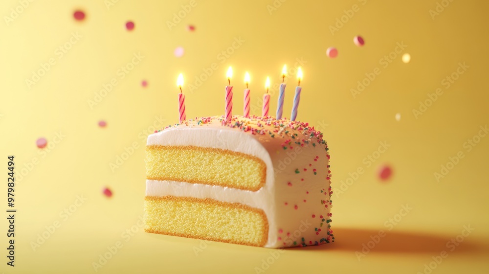 Poster A colorful birthday cake with candles and sprinkles on a bright yellow background.