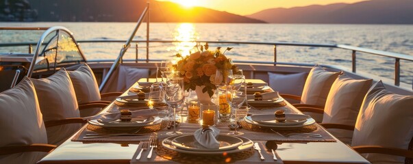 An elegant table setting is arranged on a yacht's deck, with the sun setting in the background, creating a romantic atmosphere.