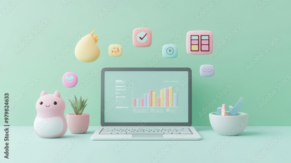 Poster A pastel workspace featuring a laptop, cute decor, and productivity icons.