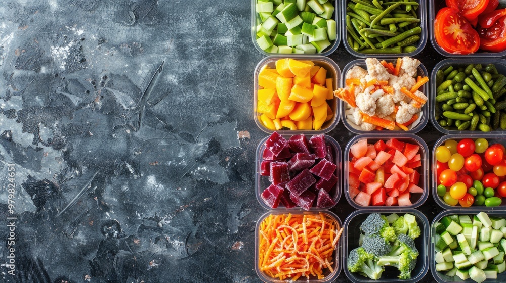 Poster assorted frozen vegetables in containers with copy space top view