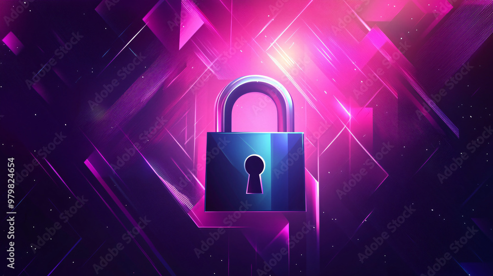 Poster abstract geometric background with a floating padlock symbolizing digital security and data protecti