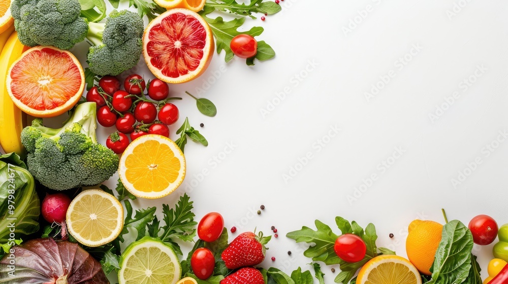 Poster assorted fruits and vegetables on white background with text space