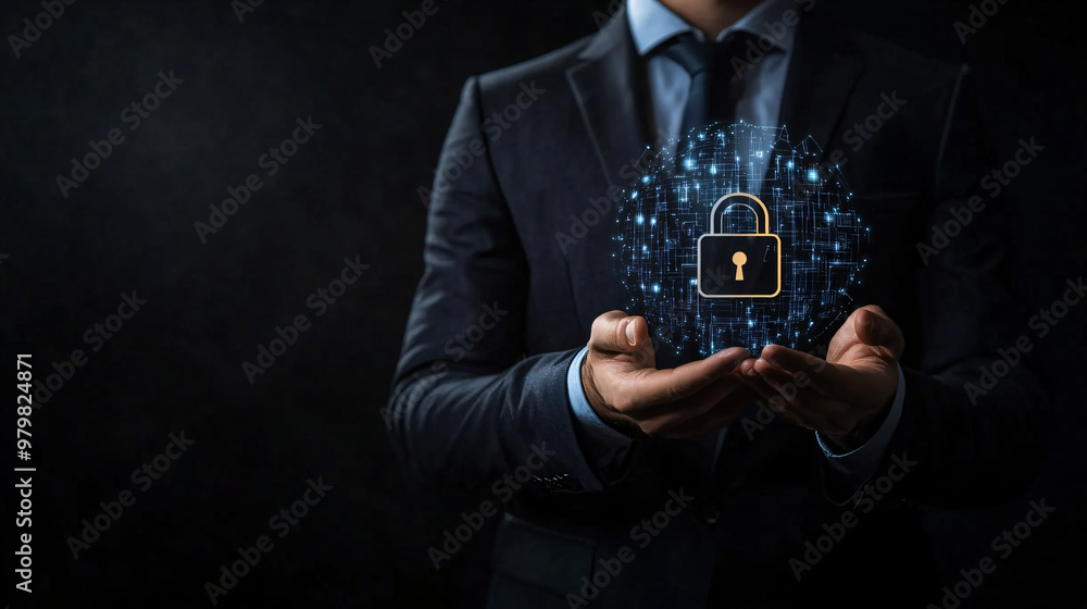 Aufkleber Businessman showcasing a global network security lock hologram, representing data protection and cybersecurity