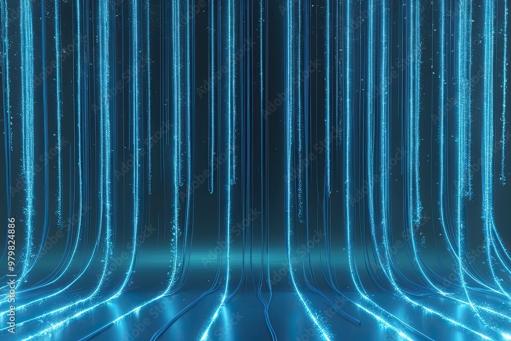 Poster surreal backdrop of blue luminous strands in 3d visualization with flowing radiant particles