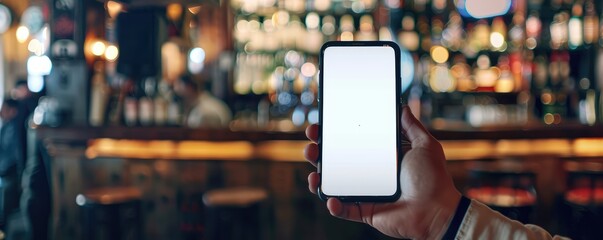 hand holding a smartphone with a blank screen in a lively bar with colorful shelves of bottles in the background