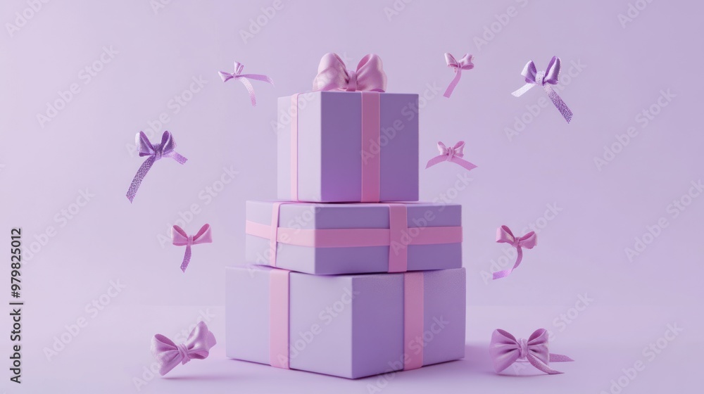 Sticker Three stacked pastel gift boxes with bows, surrounded by floating ribbons, ideal for celebrations.