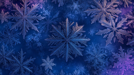 Intricate snowflake designs with frosty textures on a cool, twilight-inspired background