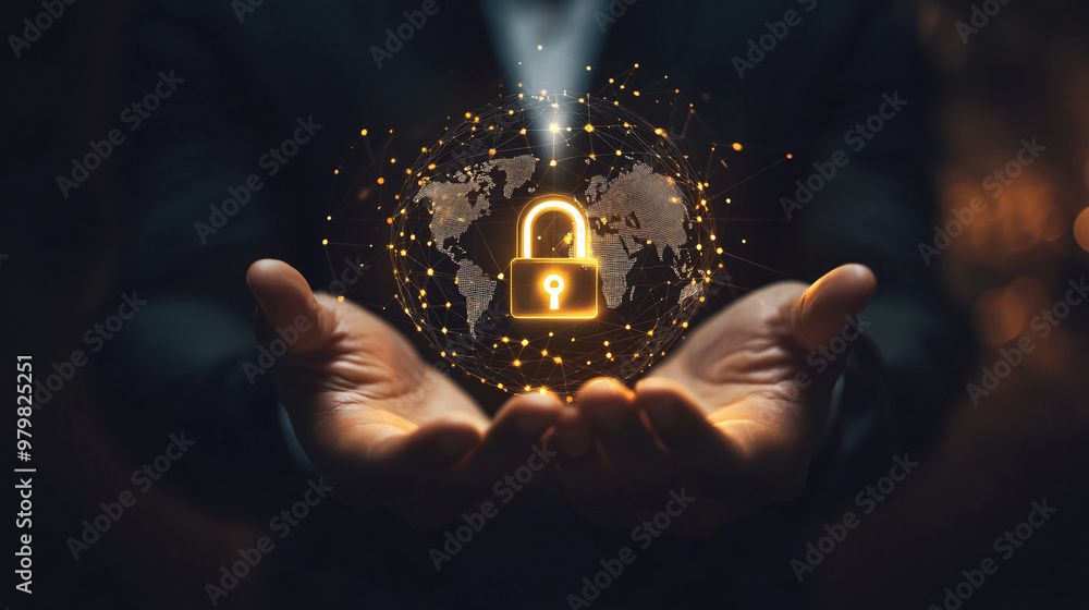 Poster concept of data protection: businessman holding a global network security system with padlock icon