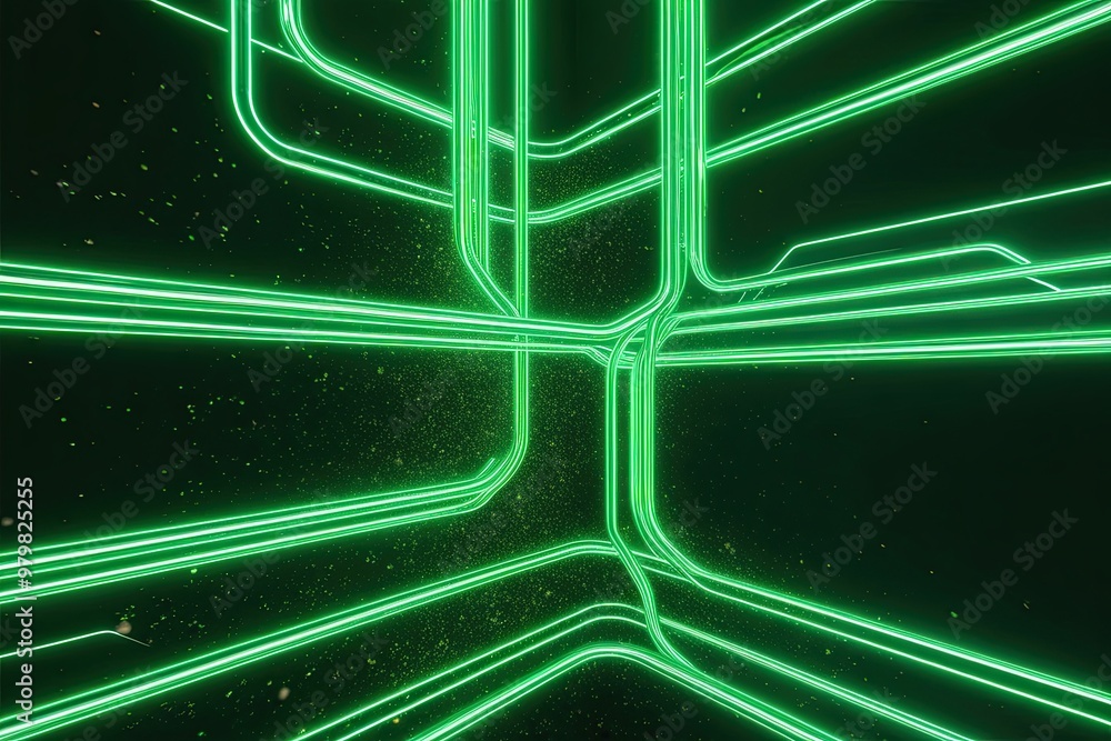 Aufkleber 3d render of abstract neon lines with dynamic glow and floor reflection
