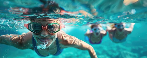 Naklejka premium senior woman swimming freestyle in open water with other swimmers.