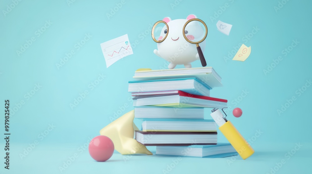 Aufkleber a cute character stands on a stack of books, surrounded by study materials and playful objects.