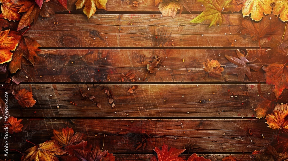 Poster autumn background with wooden texture and empty space for design