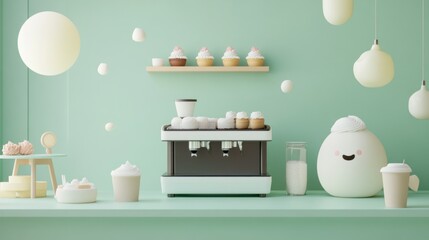 A whimsical kitchen scene featuring a coffee machine, cupcakes, and playful decor.