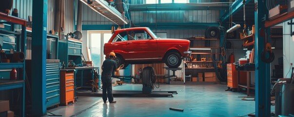 A mechanic is busy at work with a vintage red car suspended above him in a warm, atmospheric workshop, suggesting skilled craftsmanship.