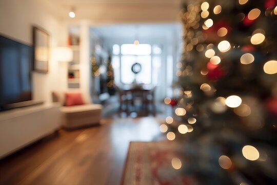 Blurred modern interior of a living room decorated for Christmas. christmas tree, presents, soft focus