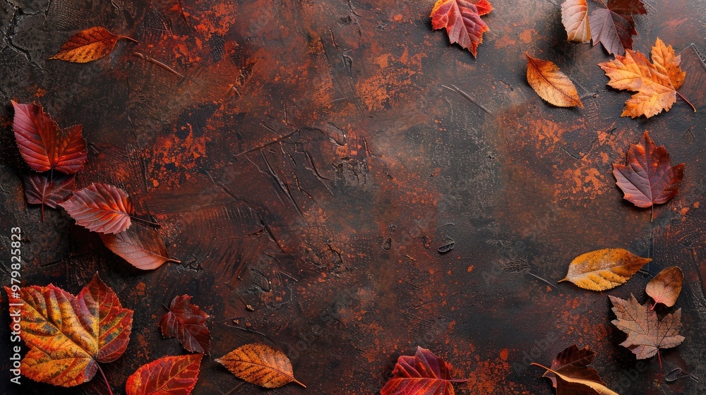 Poster autumn leaves on table with rustic look top view space for text symbolizing autumn