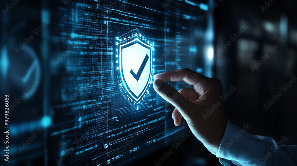 Aufkleber businessman is activating digital data protection with one click on a virtual screen