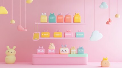 A whimsical display of colorful gift boxes and cute characters in a pastel-themed setting.
