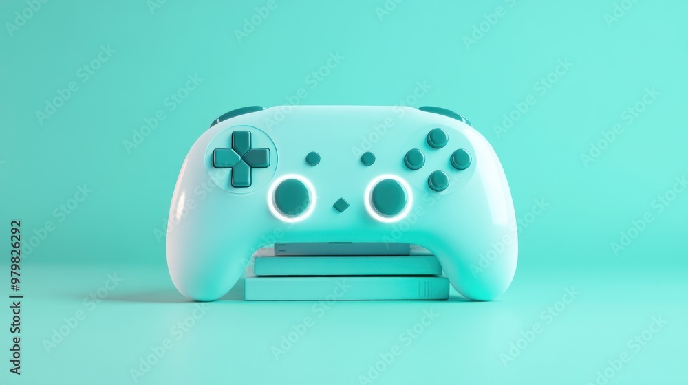 Poster a pastel-colored game controller resting on stacked game cases against a solid background.