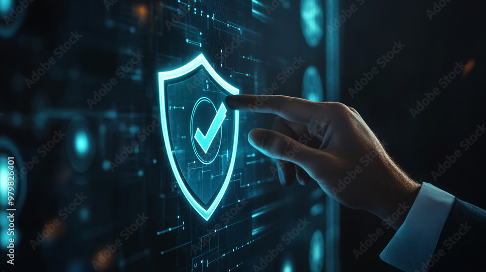 Aufkleber businessman activating a digital security shield with a check mark, guaranteeing complete protection