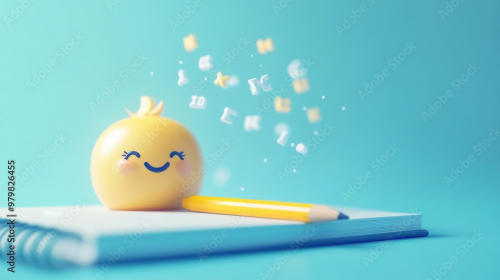Poster a cheerful yellow character with a pencil beside a notebook, surrounded by floating letters.