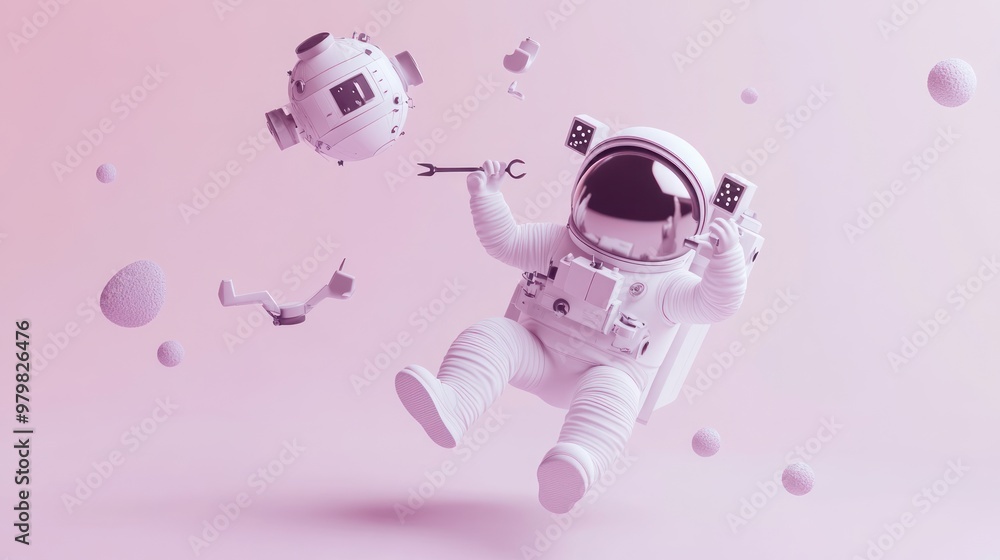 Poster a whimsical astronaut floats in a pastel space, interacting with a small satellite and objects.