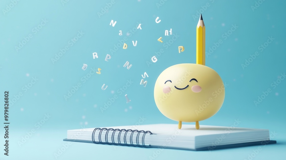 Poster a cheerful character with a pencil stands on a notebook, surrounded by floating letters.