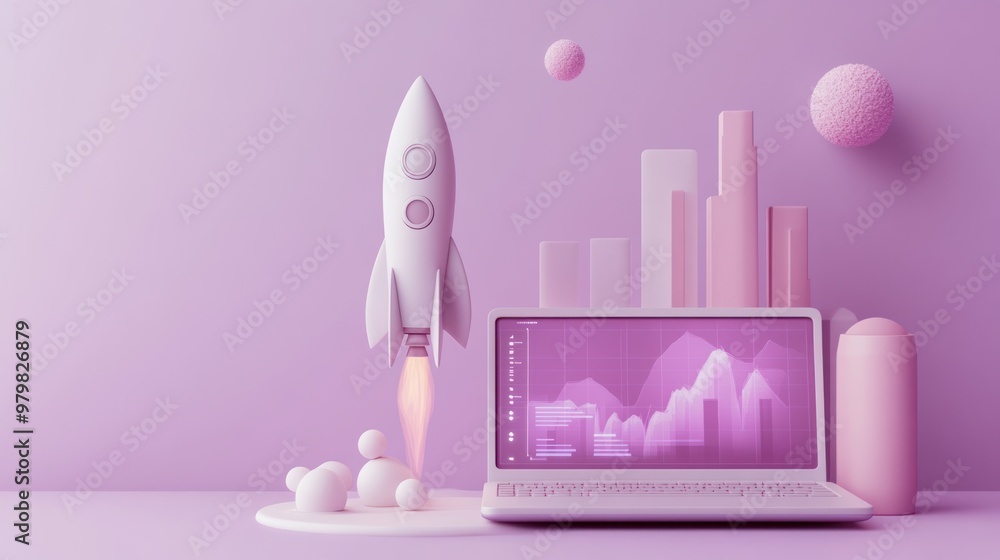 Poster a stylized workspace featuring a rocket launching and a laptop displaying data graphs.