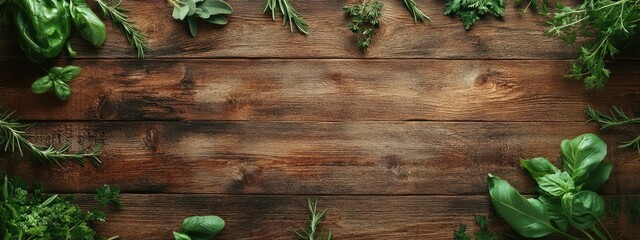 A wooden table with rustic texture and fresh herbs scattered around. wood background for food banner