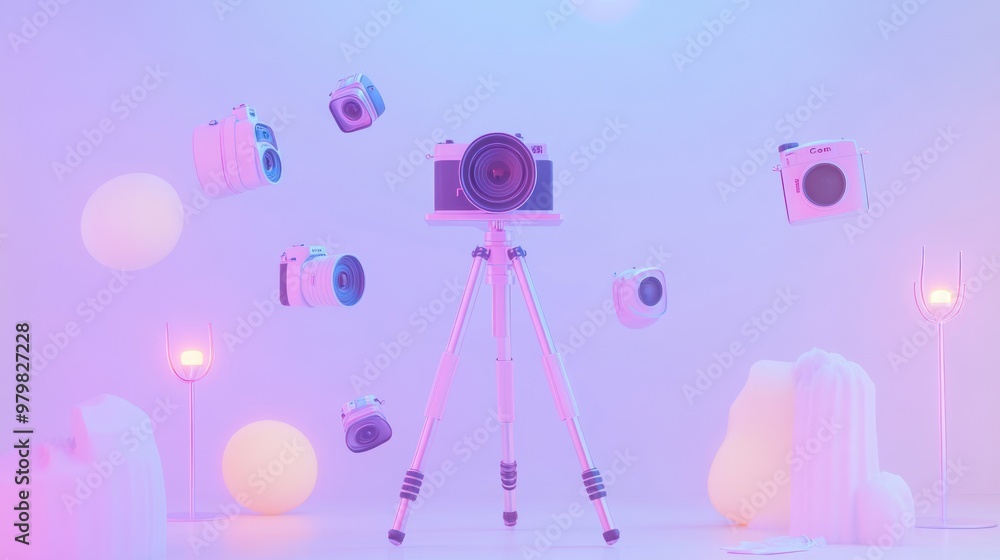 Poster a whimsical display of cameras on a tripod, surrounded by colorful lighting and shapes.