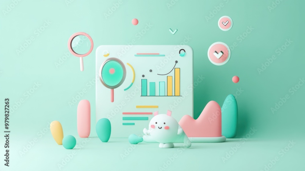 Poster a playful, pastel-themed graphic depicting data analysis and visualization concepts.