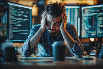 Tired Programmer Working Late at Night, Stressed and Exhausted