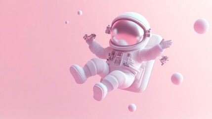 A cute, floating astronaut in a pastel pink space, surrounded by spherical objects.