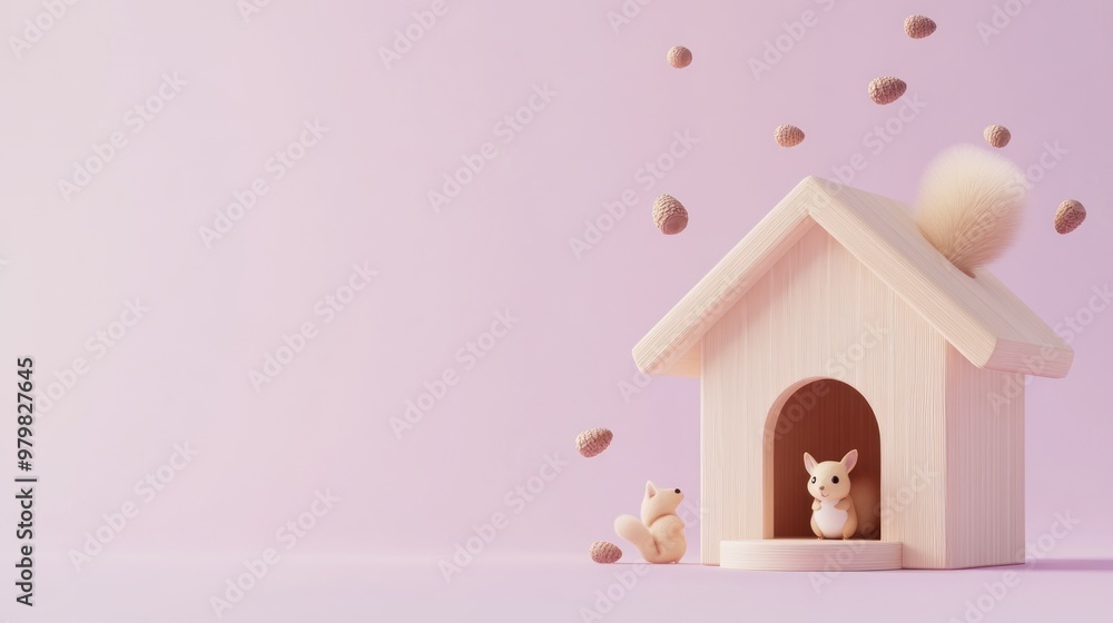 Sticker A whimsical wooden house with two cute animals and floating acorns on a pastel background.