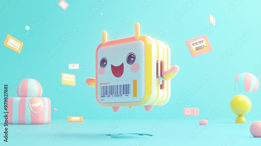 Poster a cheerful, animated character resembling a box with a barcode, floating in a colorful environment.