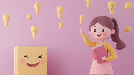 A cheerful girl holds a book, surrounded by floating lightbulbs, symbolizing ideas and learning.
