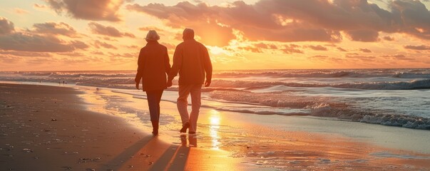 An elderly couple enjoys a serene walk on the beach at sunset, symbolizing enduring love and life's journey together.