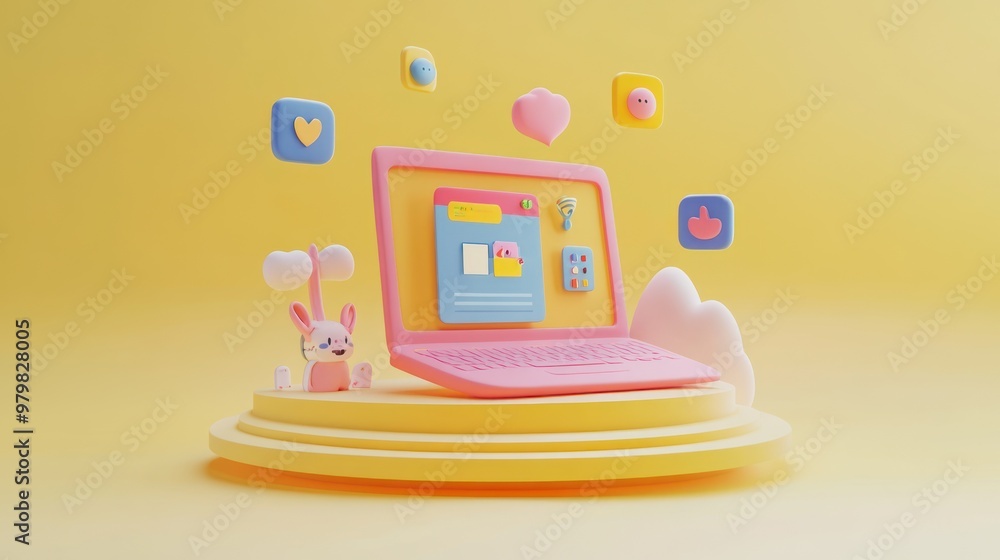 Canvas Prints A whimsical 3D illustration of a laptop surrounded by playful icons and a cute bunny.