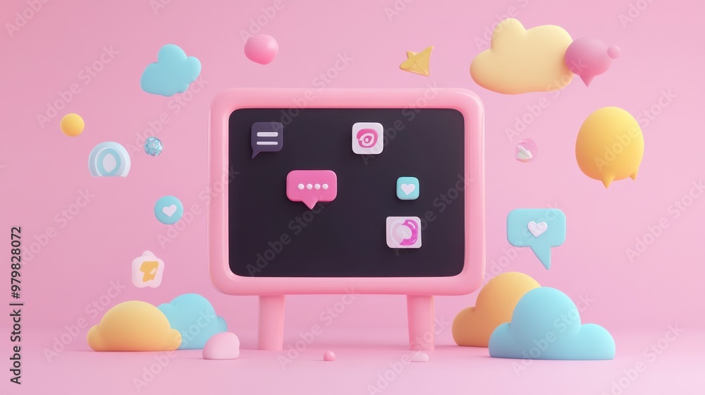 Poster a playful digital display surrounded by colorful clouds and chat icons.