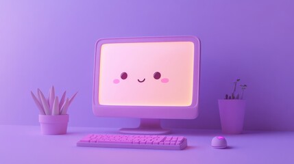 A cute, pastel-themed workspace featuring a smiling computer and potted plants.