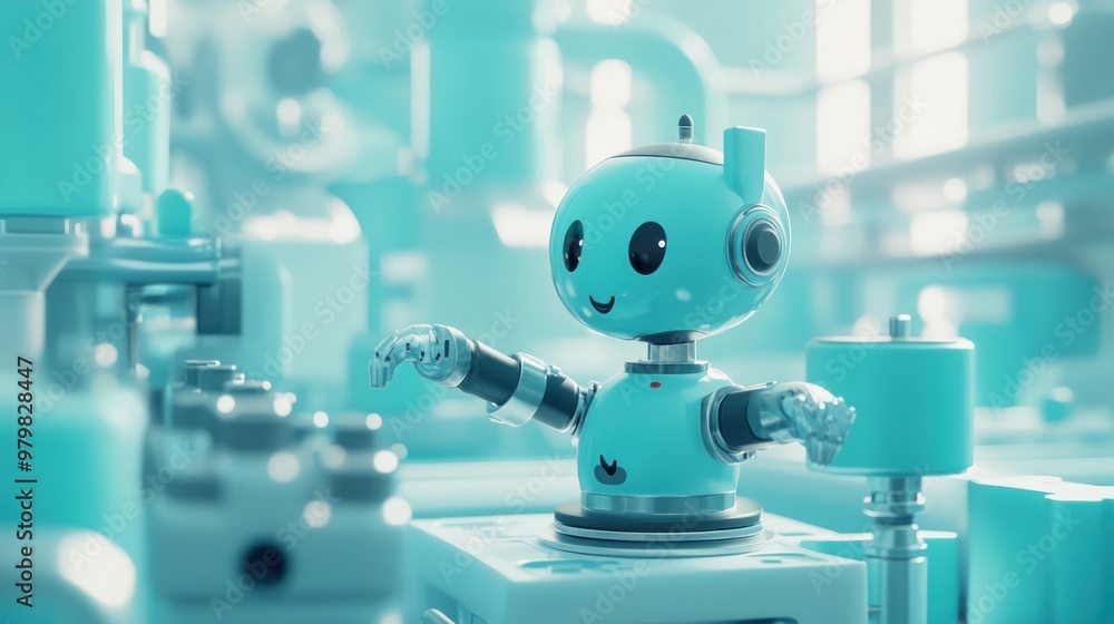 Poster A cheerful blue robot in a futuristic industrial setting, interacting with machinery.