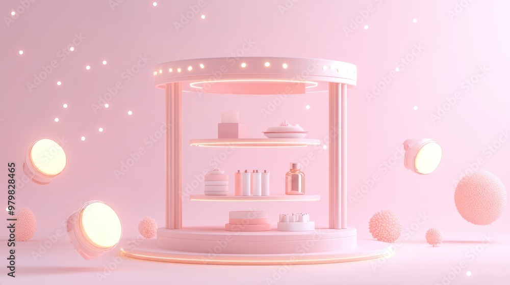 Wall mural A pastel pink display showcasing various cosmetic products in a modern, minimalist setting.