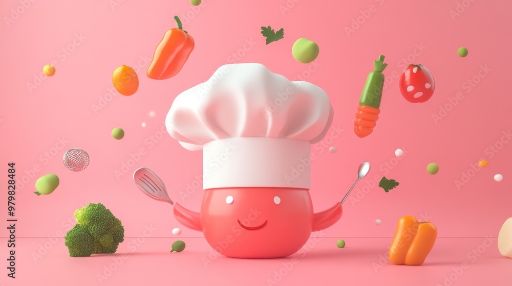 Sticker A cheerful cartoon chef surrounded by colorful vegetables, promoting healthy eating.